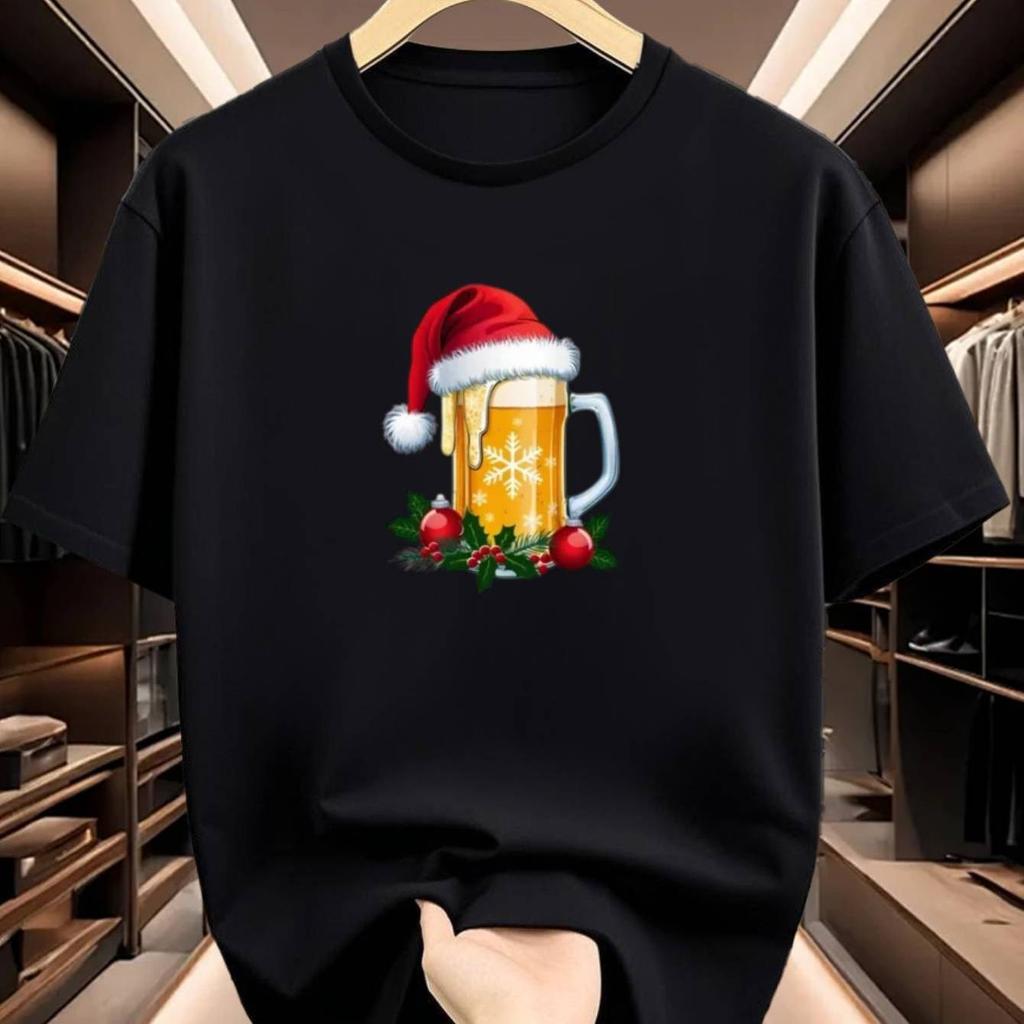 Santa Hat Beer Mug Graphic T Shirt Christmas Holly Snowflake Print Holiday Casual Unisex Short Sleeve Tops