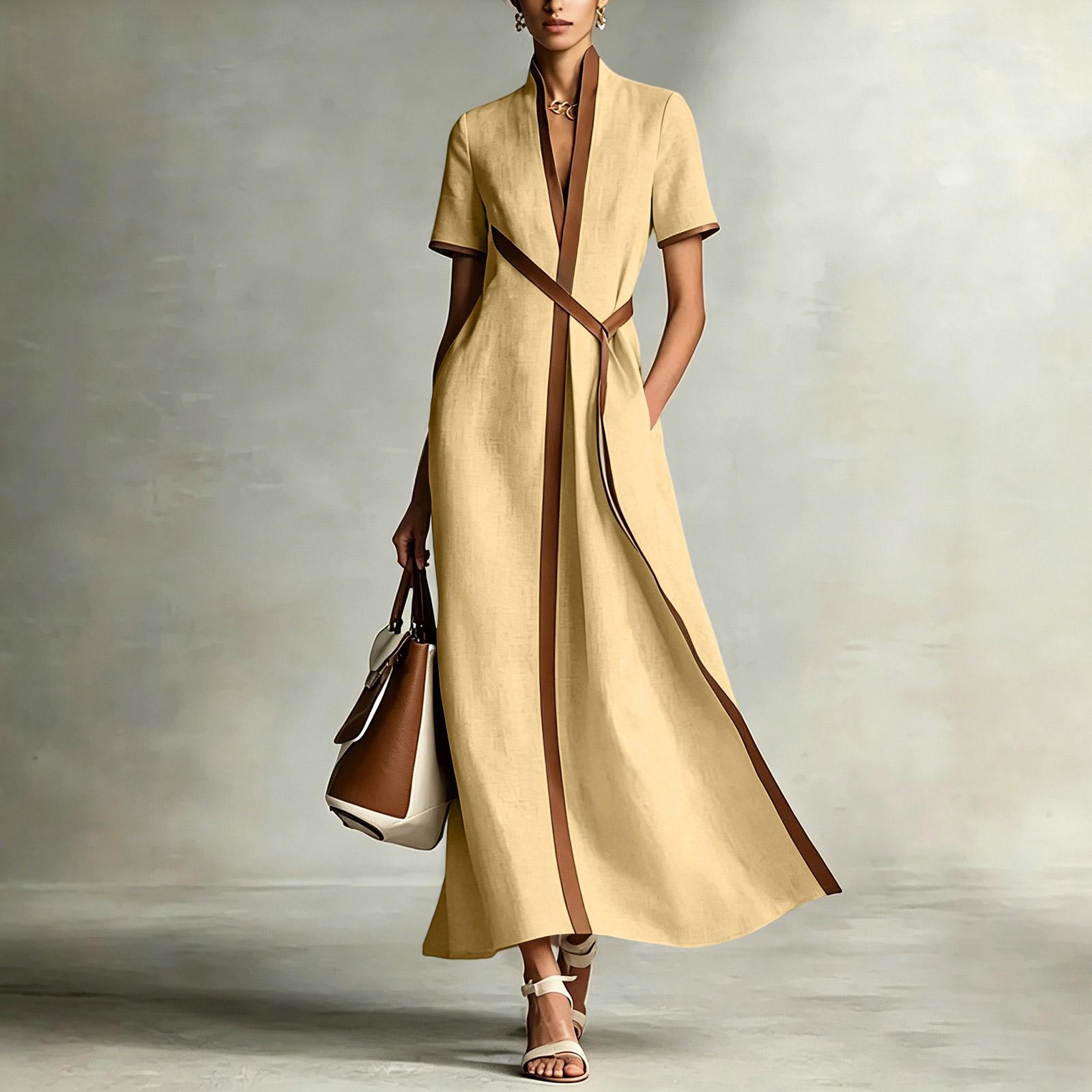 

Ladies Casual And Elegant Temperament Color Blocked Long Dress M жёлтый