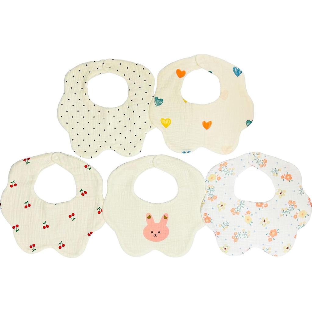 Baby Set of Machine Nursery Rotation [&&COCO] Bibs, 5, 6-Layer Gauze, 100% Cotton, Formaldehyde-Free, Washable, Large, Soft, Petal-Shaped, Bib,