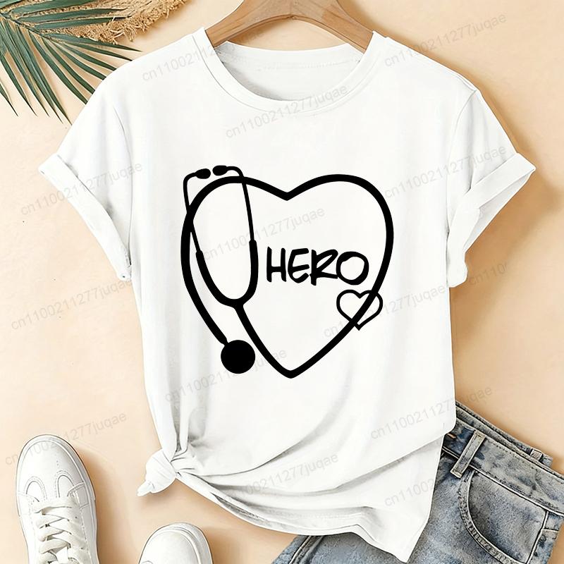 

Summer Fashion Women Tshirt Short Sleeve Nurse Tshirt Ladies Tee Shirt Top Stethoscope Hero Graphic T-Shirts Camisetas Mujer M