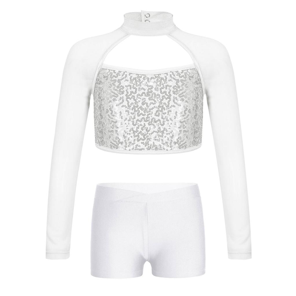 Girls Shiny Sequins Crop Top Sheer Mesh Mock Neck Long Sleeve Cutout V Waistband Shorts Dance Outfit