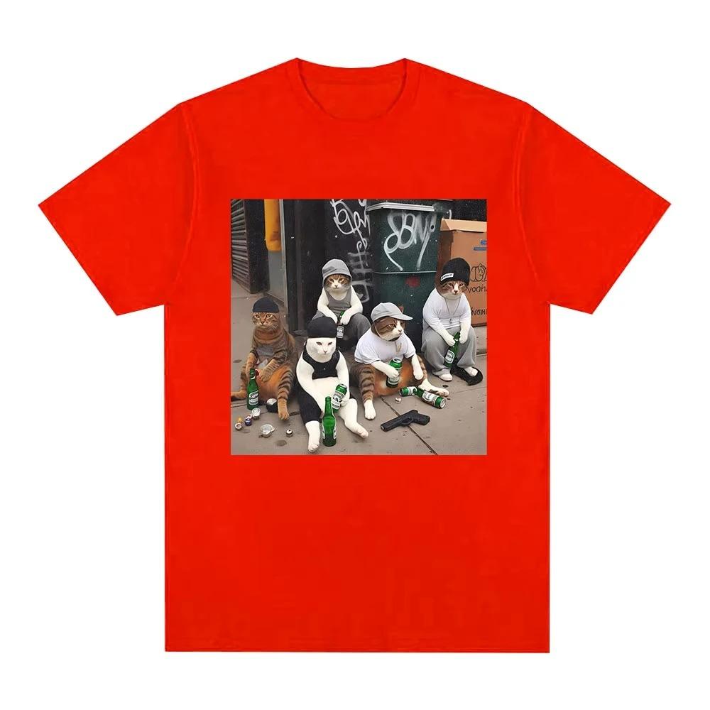 Cat Gang Meme Pattern TShirt Womens Fashion Vintage Short Sleeve Harajuku Style Casual Aesthetic Apparel Tshirts