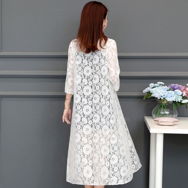 Women Lace Cardigan Mid-length Summer Mesh Shawl Loose Over-the-knee Sun Protection Clothing Women Jacket Shirt Outerwear