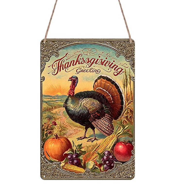 2D Flat, Vintage Metal Turkey Thanksgiving Wall Decor - 8x12 Inch Rustic Farmhouse Turkey & Cornucopia Aluminum Sign with  Thanksgiving Greeting 20*30cm