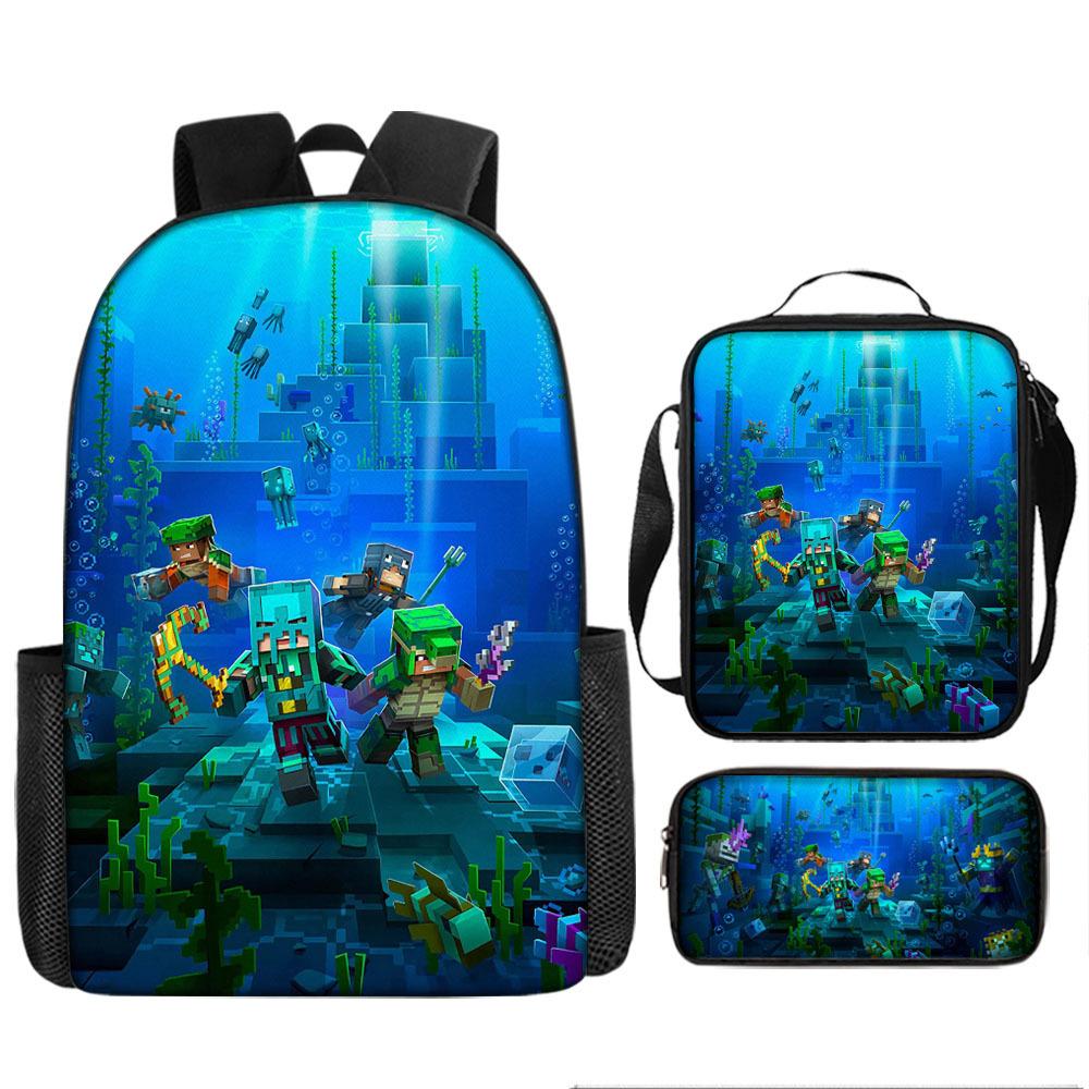 Minecraft Cartoon Print Backpack Set 3-Piece Student School Bag Water-Resistant Large Capacity Unisex