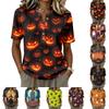 Women's Short Sleeve Henley Shirt Cotton Linen Blend Casual Button Neck Top Halloween Pumpkin Print Lightweight Relaxed Fit