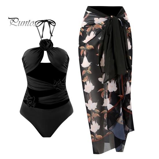 

Комплект из 2 предметов/монокини, сексуальный ажурный дизайн, мягкая поддержка, 3D цветочный декор, купальник с принтом, юбка, комплект из шифона, пляжная одежда S чёрный