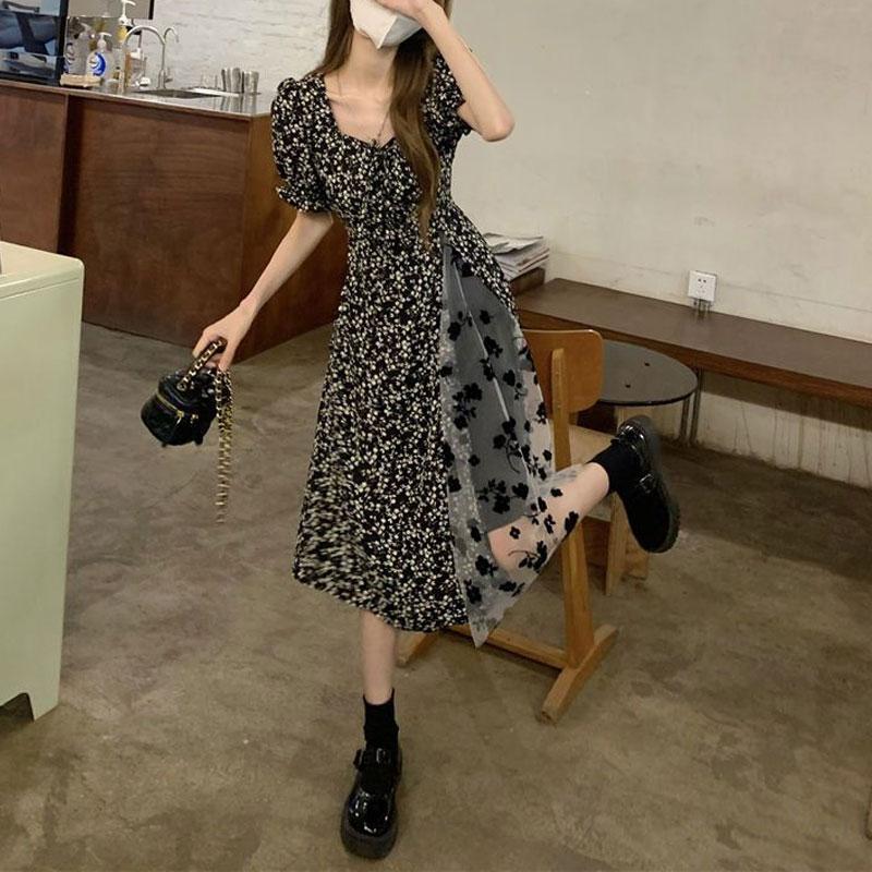 Blumenkleid mit quadratischem Ausschnitt Damen Frühling Sommer 2025 Neu Französisches Retro-Design Netzstoff-Einsatz Midilänge Rock