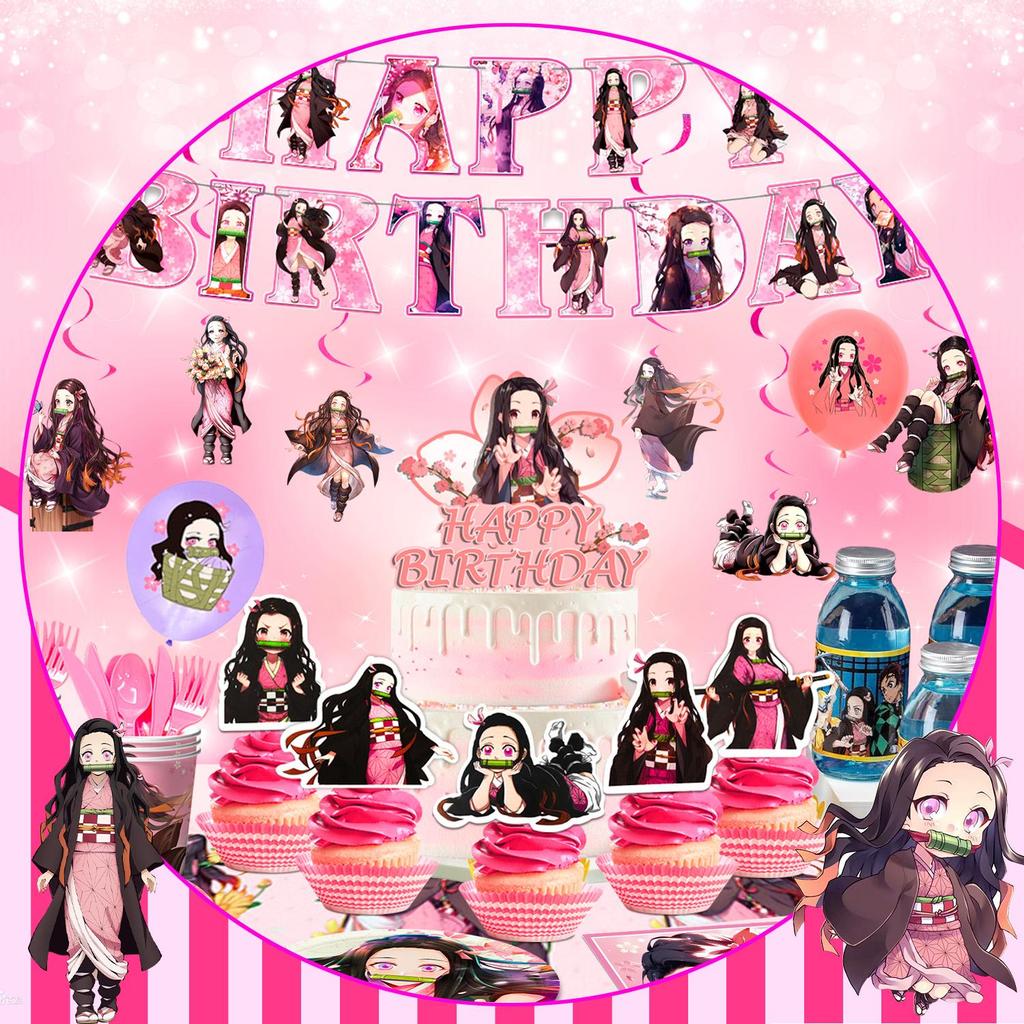 Dekorace na narozeninovou oslavu Nezuko, 117 ks party dekorací zahrnuje balónky, party talíře Nezuko, ubrousky atd. Dekorace na narozeniny s démonickým anime