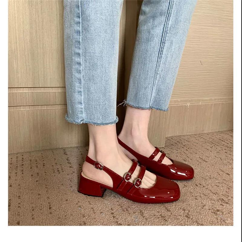 French Bag Head Sandals Women's Summer 2025 New Square Head Thick Heel Empty Single Shoes Retro Double Breasted Mary Jane Sandals