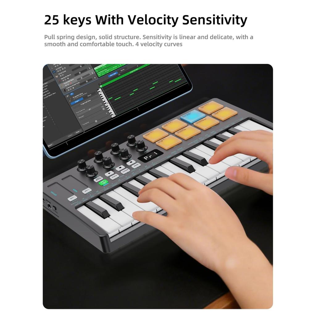 Btuty MIDI Keyboard with 2000mAh 8x4 RGB Multifunctional Mini Welocity Power 8 for Home Performance 25-Key High-Capacity Built-in Battery, Pads,
