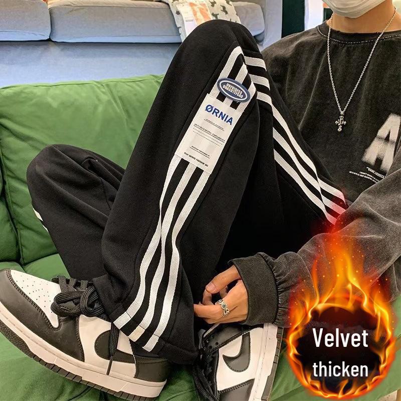 American Style Plus Velvet Striped Casual Pants – Versatile, Loose-Fit Sports Trousers for Men