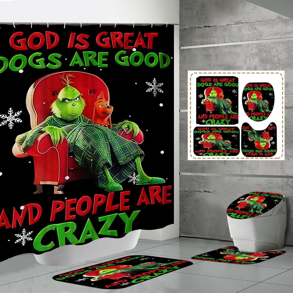 Christmas Waterproof Polyester Shower Curtain Mat Set Of Four