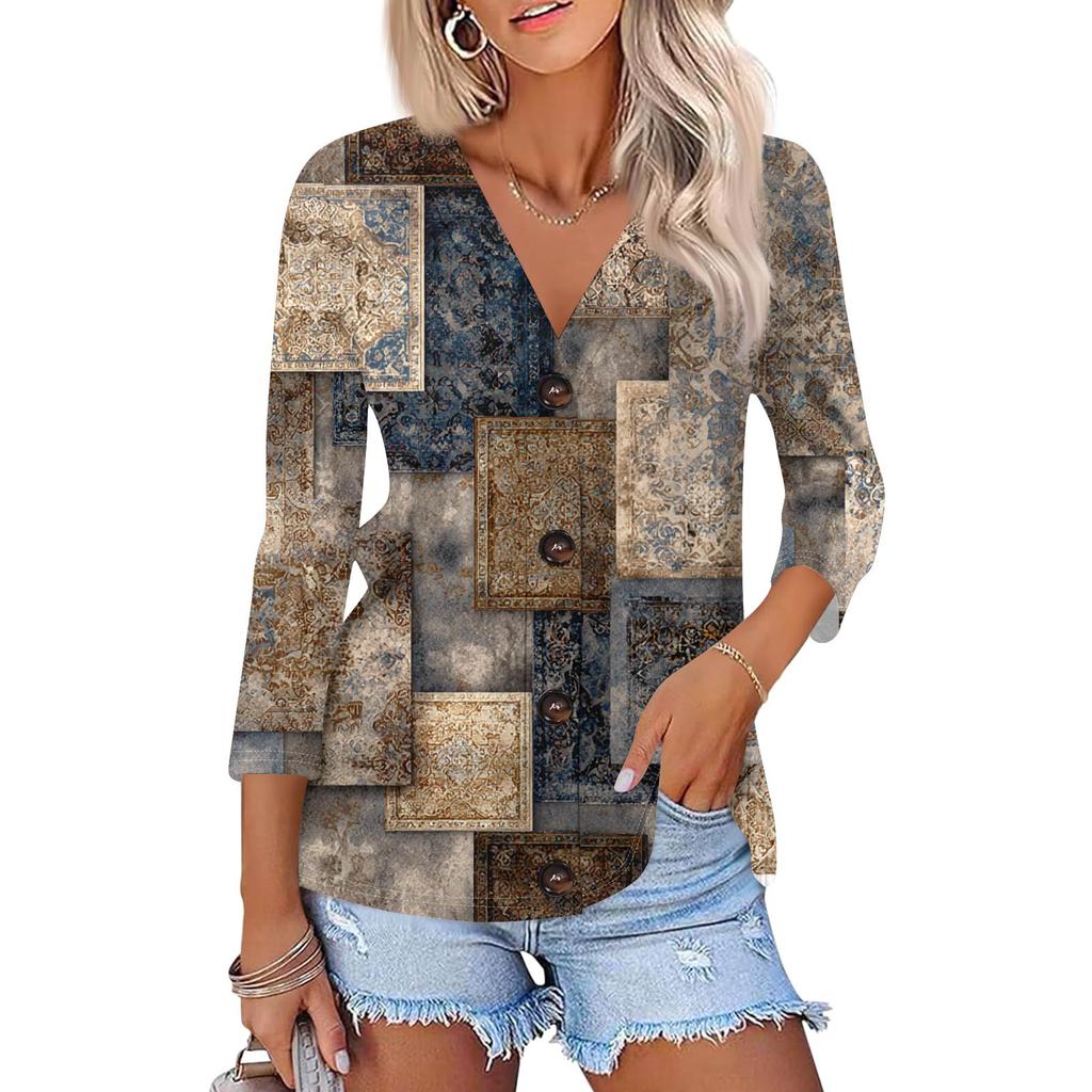 Dámská módní ležérní košile s potiskem na knoflíky, 3/4 dlouhý rukáv