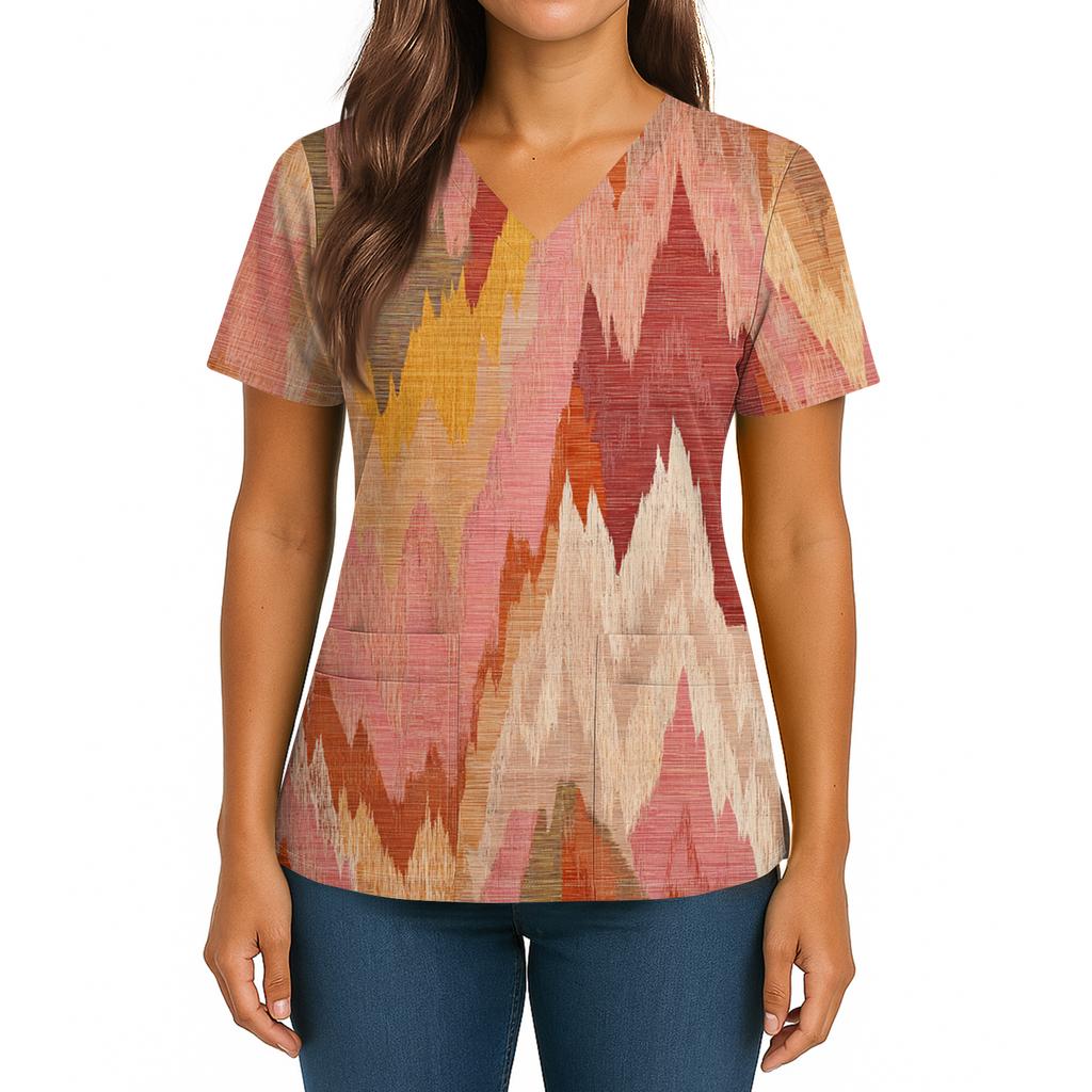 Women's Gradient Print V-Neck Double Pocket Short Sleeves Hem Slit Uniform Caregiver Top