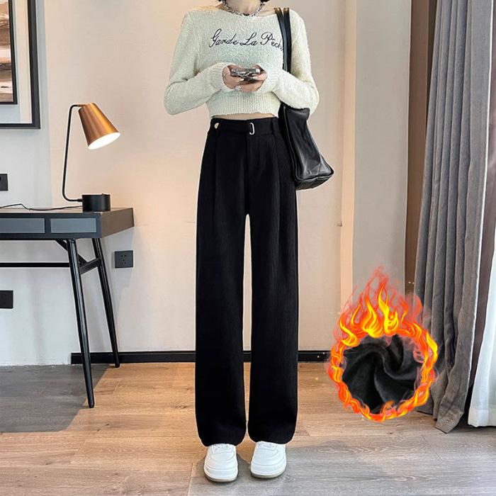 European Cotton Lint Velvet Wide-leg Pants Women's Autumn and Winter New High Waist Drape Narrow Version Woolen Pants Thickened Small Suit Pants