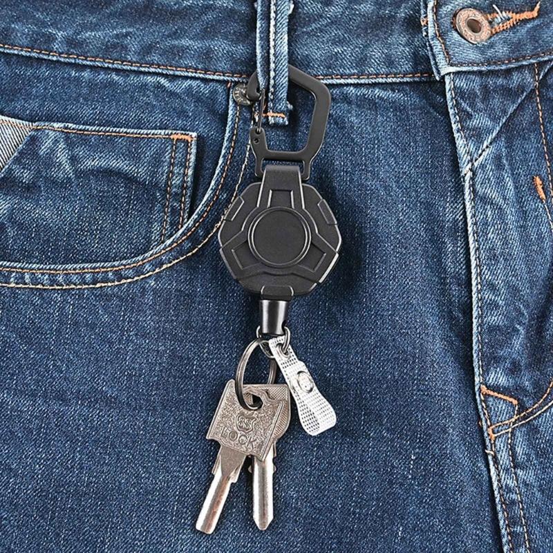 Heavy Duty Retractable Keychain Easy-to-pull Buckle Rope Elastic Keychain Anti Lost Keyring with Steel Retractable Cord