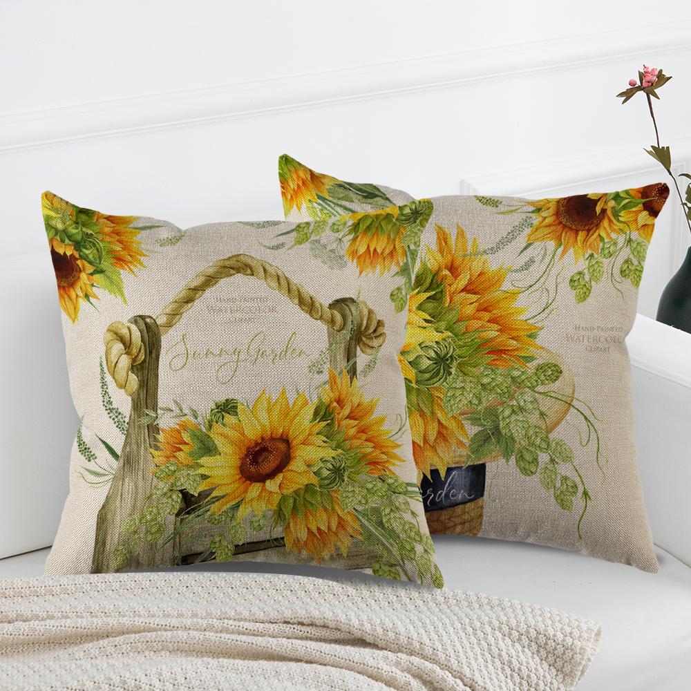 4Pcs,Linen Blend Throw Pillowcase Decorative Yellow Sunflower Flower Baskets,Fresh Flowers Bicycles Printed Autumn Pillowcover