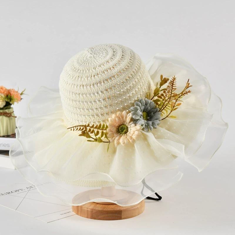 Summer Lace-Trimmed Straw Hat With Flower Decoration Large Brim Sun Protection Hat Beach Hat For Women On Seaside Vacation