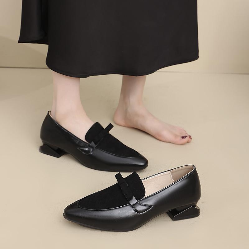 British Style Small Leather Shoes Women's Autumn New French Splicing Thick Heel Pointed Foreign Style Single Shoes Medium Heel Elegant Loafers