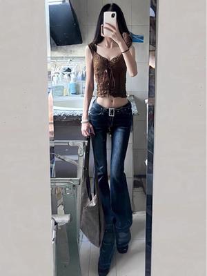 Women's Retro Hong Kong-Style Low-Waisted Flared Jeans with Belt - Stretchy, Slim-Fitting, Floor-Length Pants for Autumn and Winter