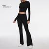2 Pcs/Set Women Top Pants Suit Skinny High Waist O Neck Long Sleeves Pure Color Stretchy Soft Breathable Yoga Bell Bottoms T-shirt Set Spring Summer