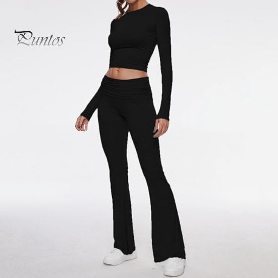 2 Pcs/Set Women Top Pants Suit Skinny High Waist O Neck Long Sleeves Pure Color Stretchy Soft Breathable Yoga Bell Bottoms T-shirt Set Spring Summer