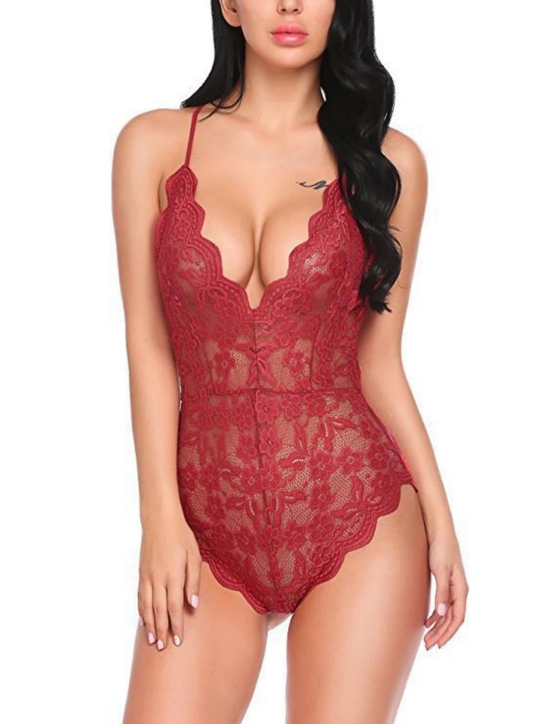 Plus Size Transparent Lace Sexy Crotchless Lingerie Women Bodysuit Erotic Pajamas Deep V Open Bra Underwear Set Exotic Clothing