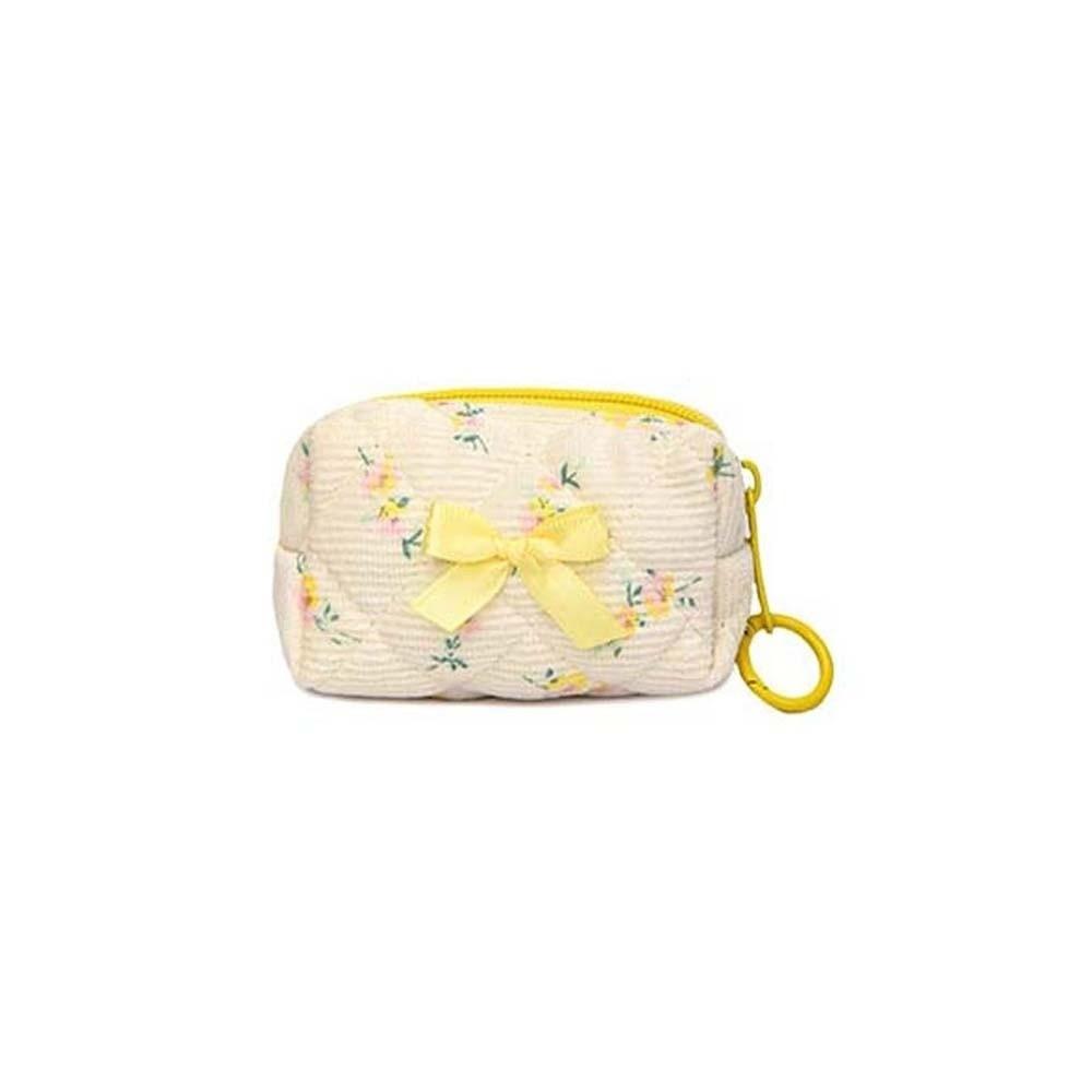 Embroidered Bowknot Mini Makeup Bag Floral Print Quilted Lattice Quilted Cosmetic Pouch Soft Cotton Zipper Closure