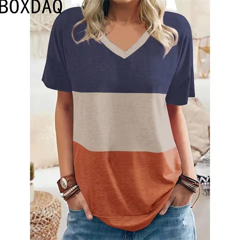 Women Short Sleeve V-Neck T-Shirt Fashion Simple Colorful Stripe Printed Spliced Tops Big L