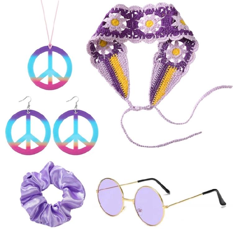 1970s Hippie Costume Jewelry Accessory For 70s 60s Themed Party Hair Band Glasses Knitted Headband Necklace Earrings