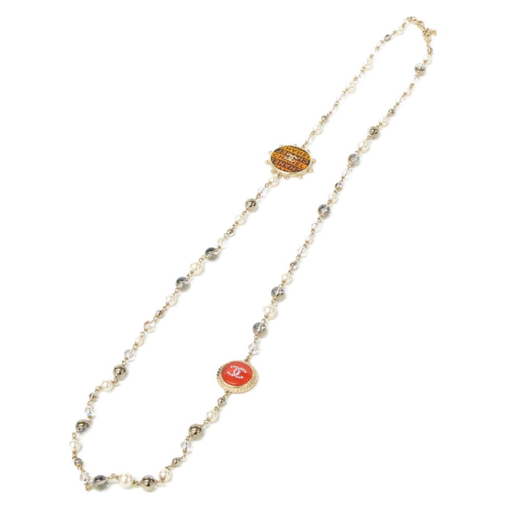 CHANEL A19 C CC Logos Round Plate, Faux Pearl, Long Necklace Light goldUsed