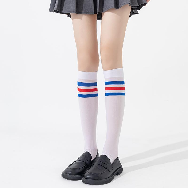 Women's Spring and Summer Thin Preppy Style Three Bar Stripes Long Leg Socks