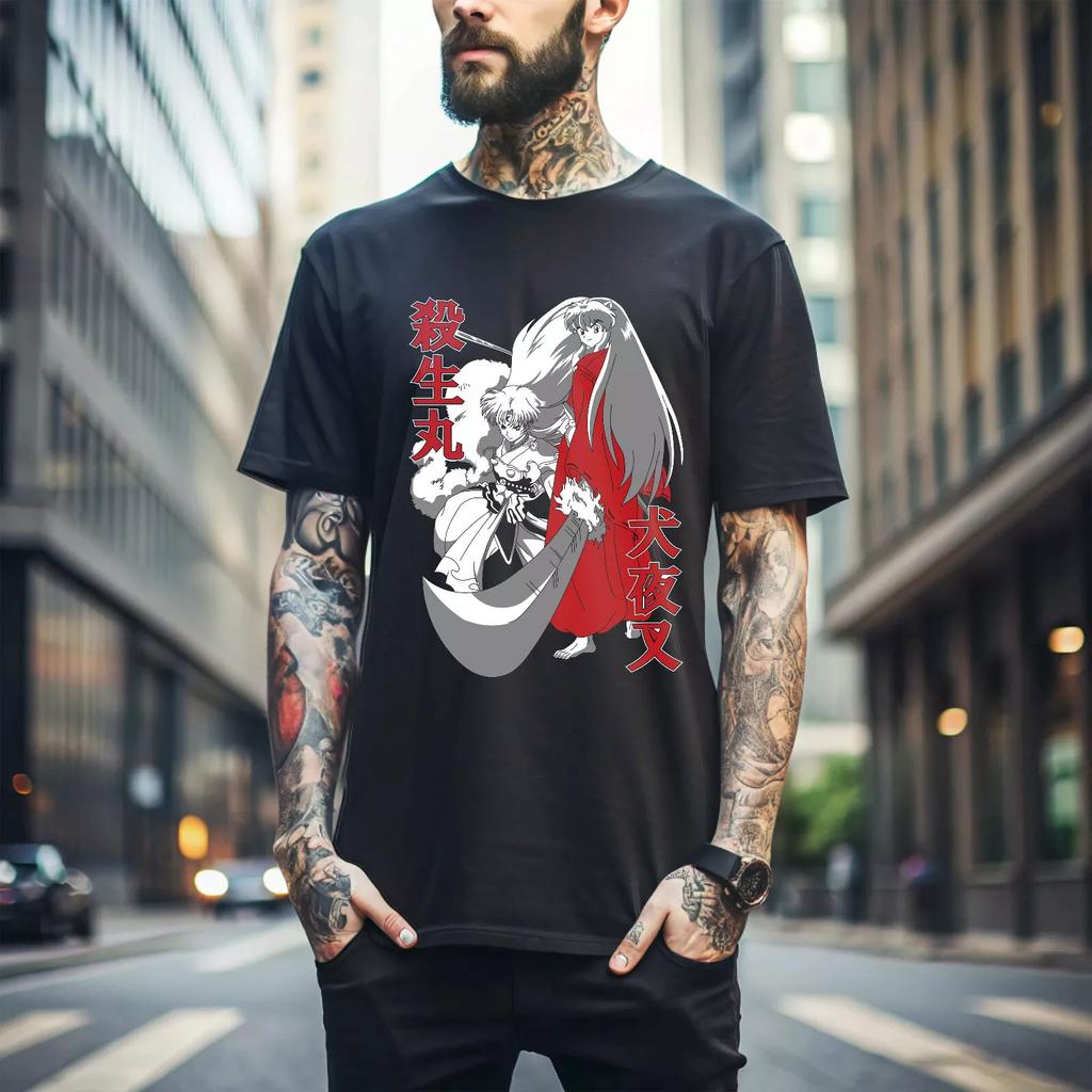 100% Baumwolle TOPS UNISEX T-SHIRTS HERREN DAMEN Inuyasha Sesshomaru T-Shirt Roter Mond Inu Yasha Kawaii Anime T-Shirt Schwarz 299