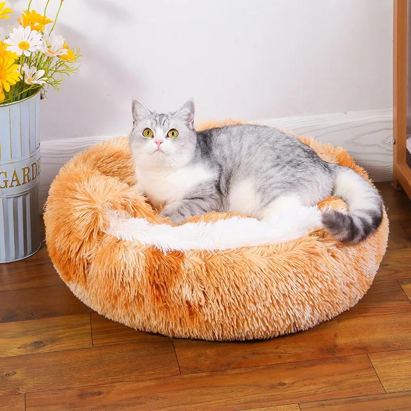 Cat Bed Round Plush Fluffy Hooded Cozy Cat Bed Cave for Indoor Donut Self Warming Small Dog Bed Anti-anxiety Puppy Kennel