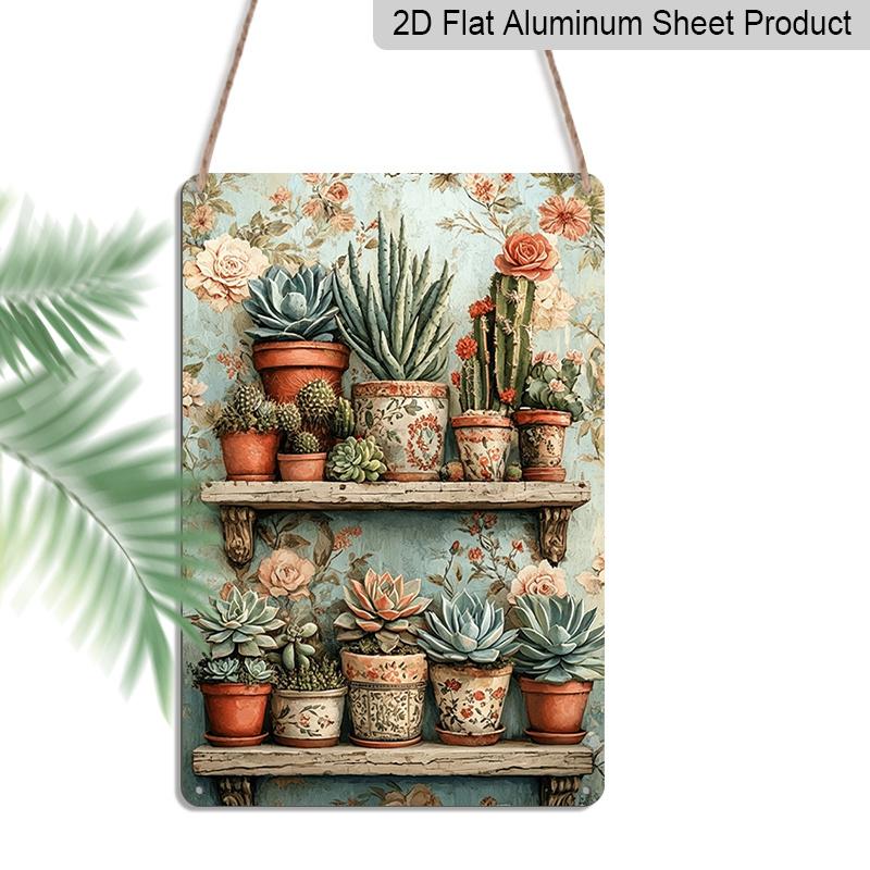 2D Flat, Vintage Succulent Shelf Aluminum Sign - Retro Cactus Wall Decor Plant Shop, Greenhouse, Boho Home, Living Room, Office, Garden Decor