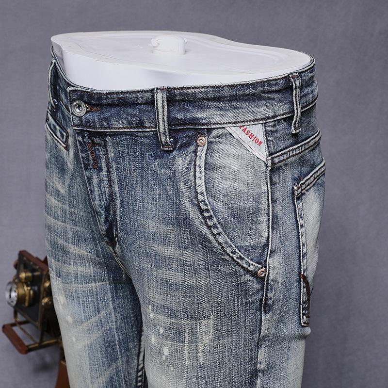 High End European And American New Denim Jeans With Men'S Small Feet, Personalized Trend, Washed Retro, And Worn Denim Jeans