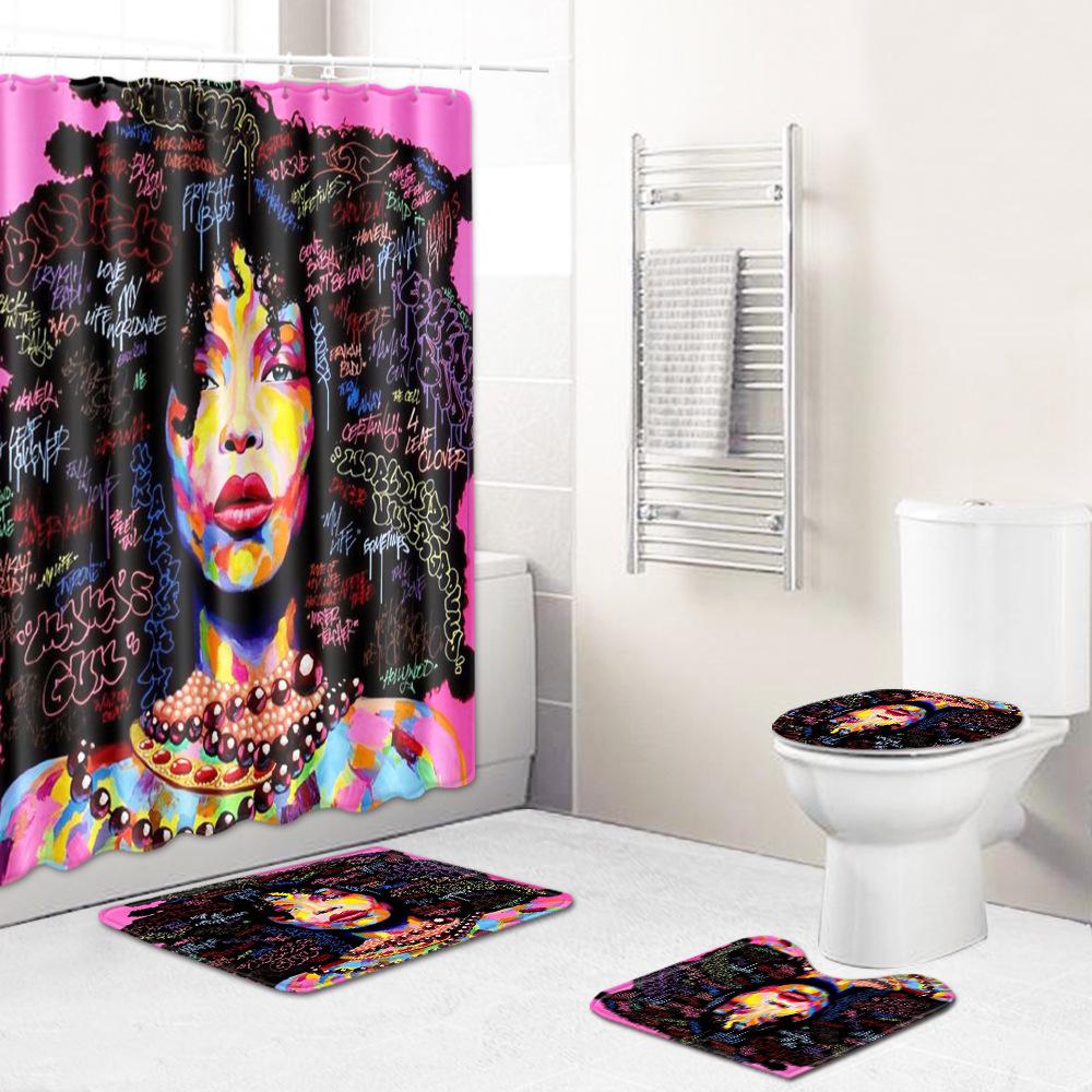 African American Women'S Bathroom Non-Slip Floor Mat, Shower Curtain Combination Carpet, European And American Wind Explosion Female Fixed Zhi