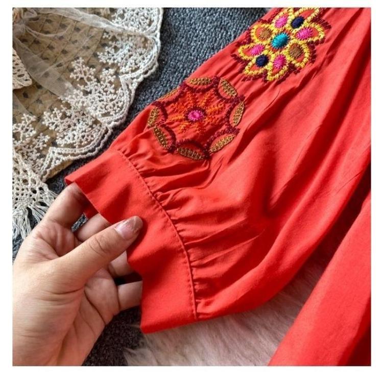 Vintage Printed Loose Dress for Woman V Neck Oversized Long Sleeve Casual Lace Dresses Long