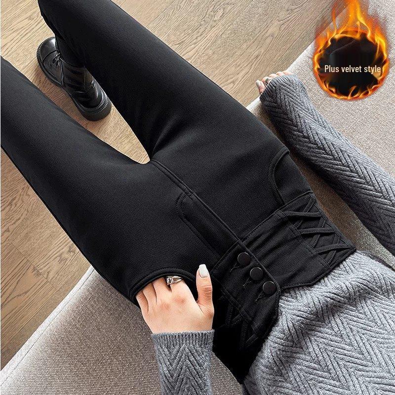 Women's Black High-Waisted Velvet-Lined Skinny Pants for Autumn/Winter 2025