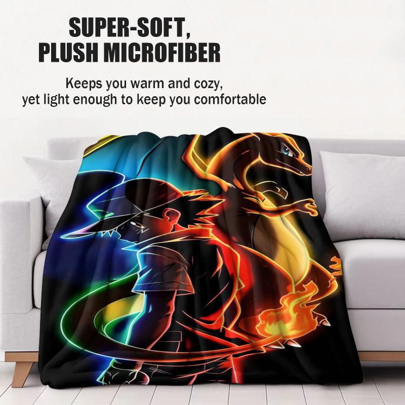 Pokemon Ash Neon Fire Effect Flannel Blanket Hot Anime Soft Warm Plush Throw for Sofa Bed Couch Cover Camping Travel Fans Gift