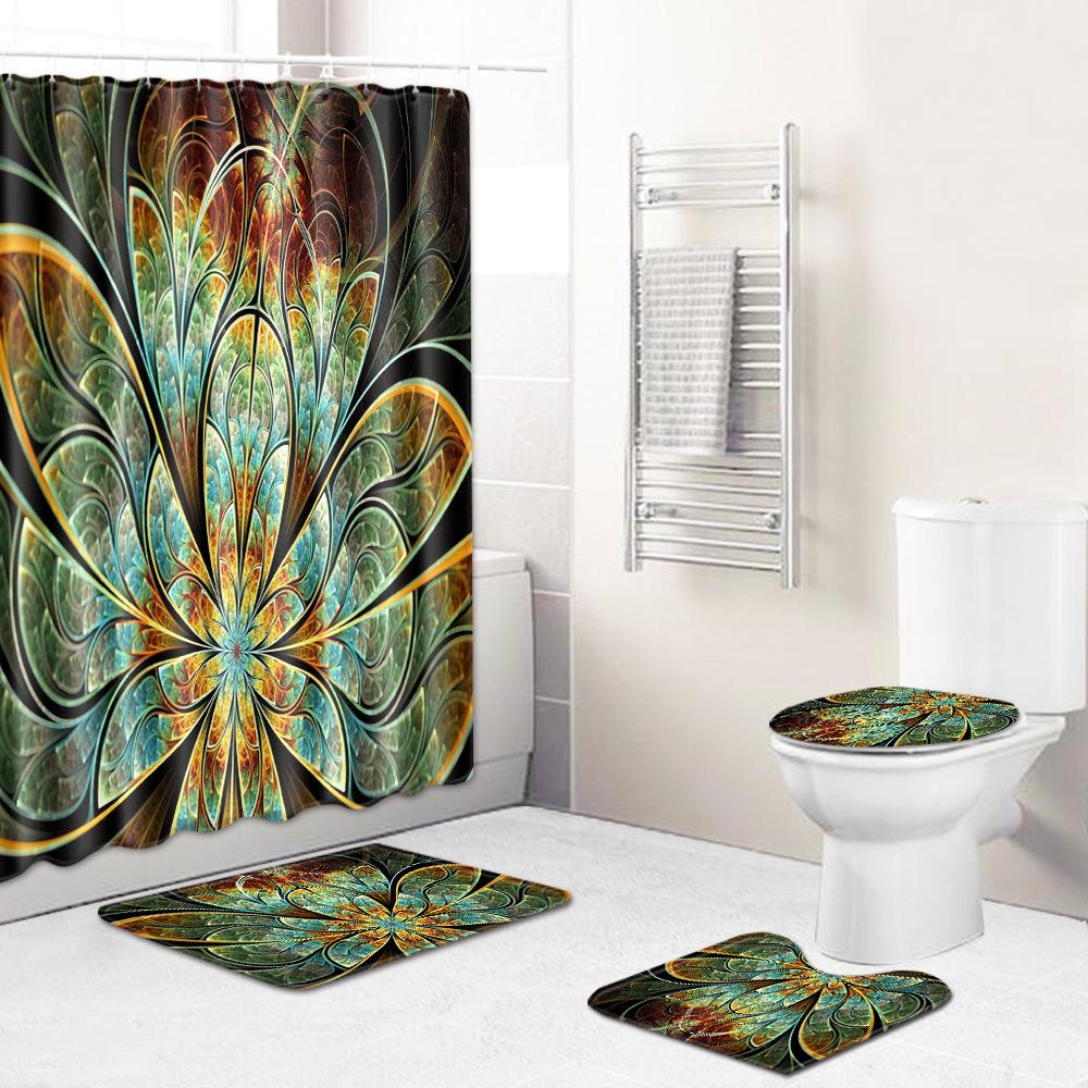 Cool Pattern Shower Curtain Floor Mat Combination Four-Piece Set Bathroom Toilet Carpet Mat Foot Mat