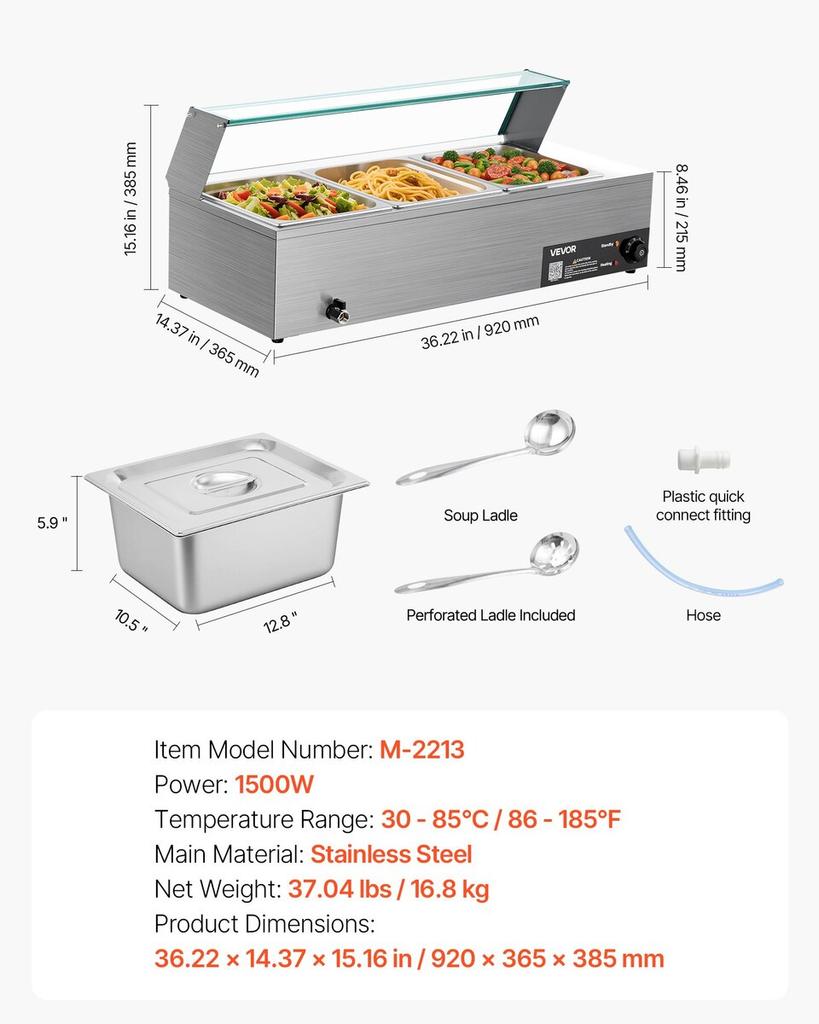 Commercial Food Warmer 3-Pan 1500W Buffet Bain Marie with Glass Cover