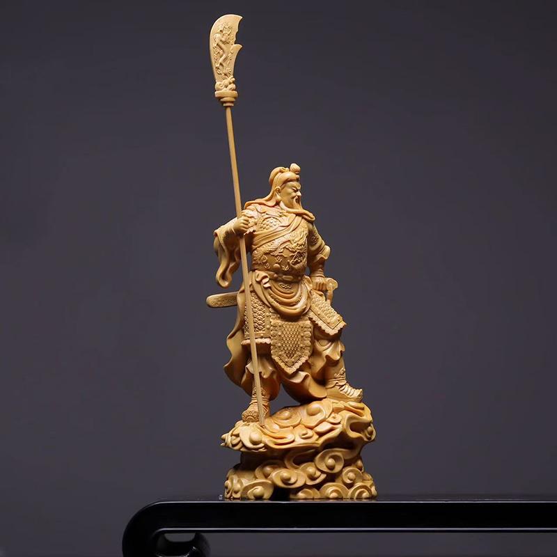 Natural Cypress Character Guan Gong Sculptures and Figurines Solid Wood Carving Home Room Office Wealth Luck Feng Shui Decor