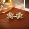 Classical Pearl Lotus Flower Stud Earrings for Women Elegant Temperament Zircon Petal Earrings Wedding Party Jewelry Gifts