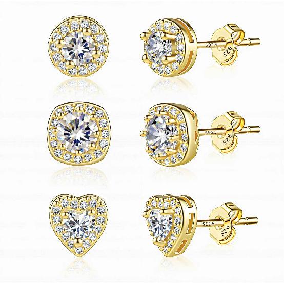 Hypoallergenic Silver Stud Earrings for Women Cubic Zirconia Halo Round Heart Square Diamond Large Silver Stud Set Earring