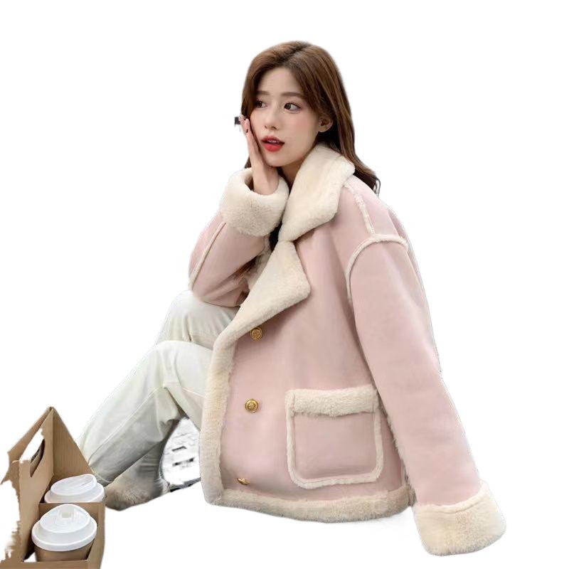 Women's 2025 Autumn Korean Style Lambswool Biker Jacket - Faux Suede, Fleece-lined, Thickened, Loose Fit