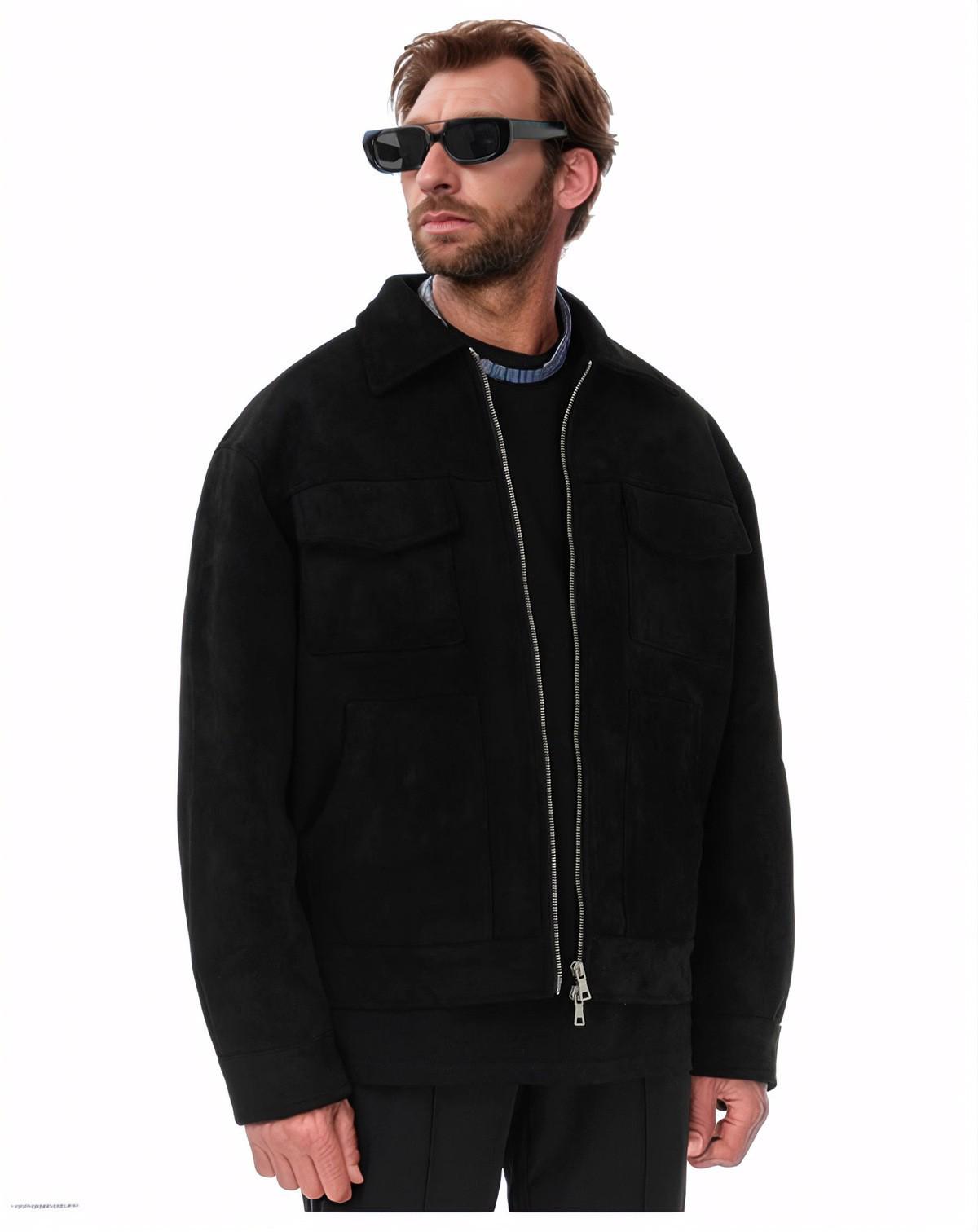 

Men s 2026 European & American Trendy Suede Zipper Jacket with Large Pockets XL чорний