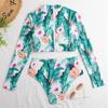 Women's Split Body With Bra Pads No Steel Bra Printed Zipper Swimsuit Long Sleeve Swimsuit