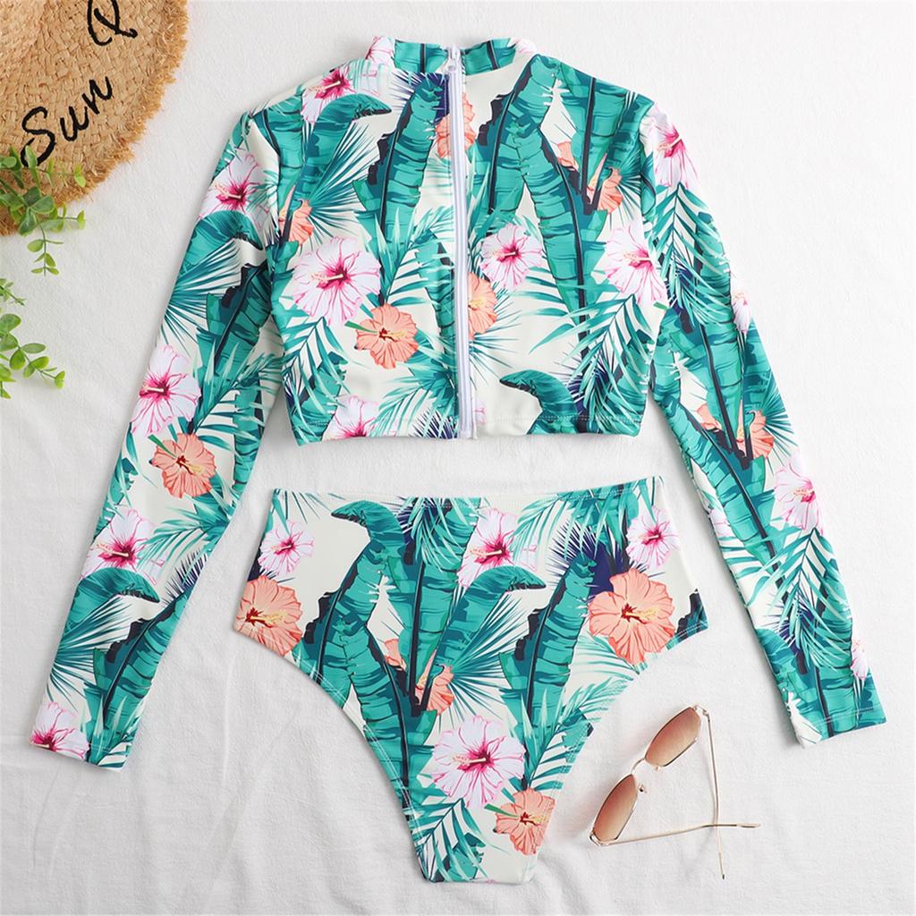 Women's Split Body With Bra Pads No Steel Bra Printed Zipper Swimsuit Long Sleeve Swimsuit